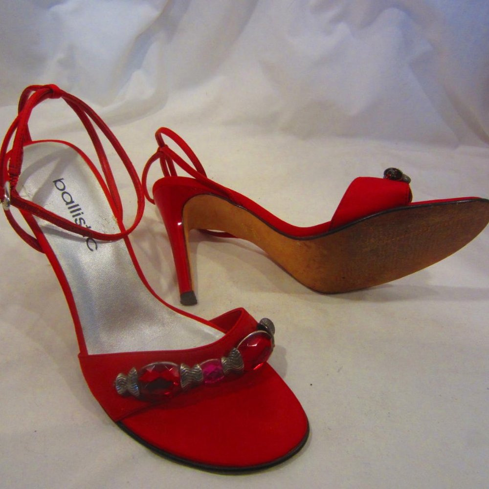 Ballistic red rhinestone strappy heels